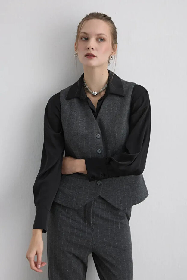 Simli Çizgili Örme Yelek - Gri - 2