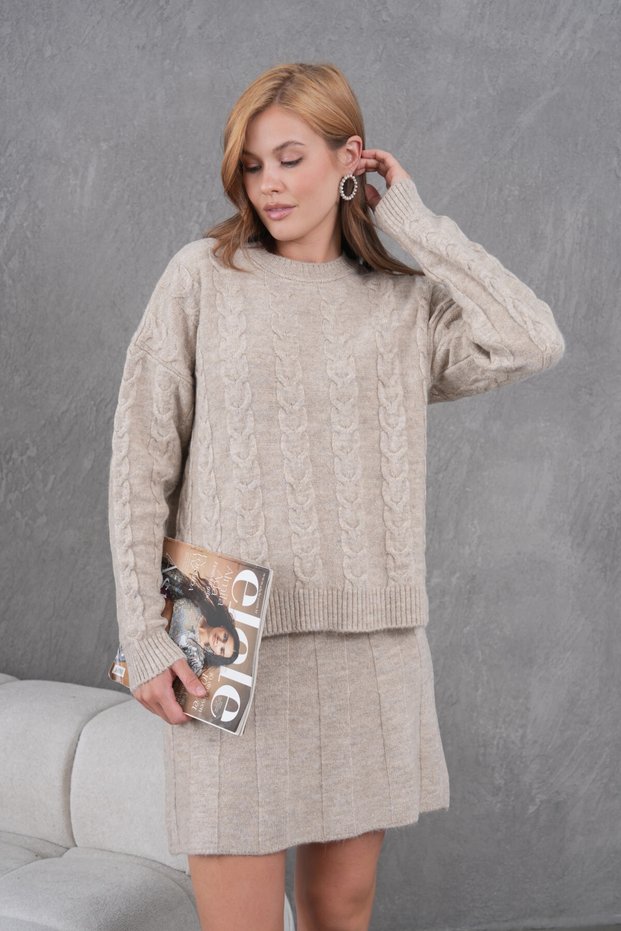 Women's Crew Neck Hair Knit Sweater Skirt Two-Piece Knitwear Set