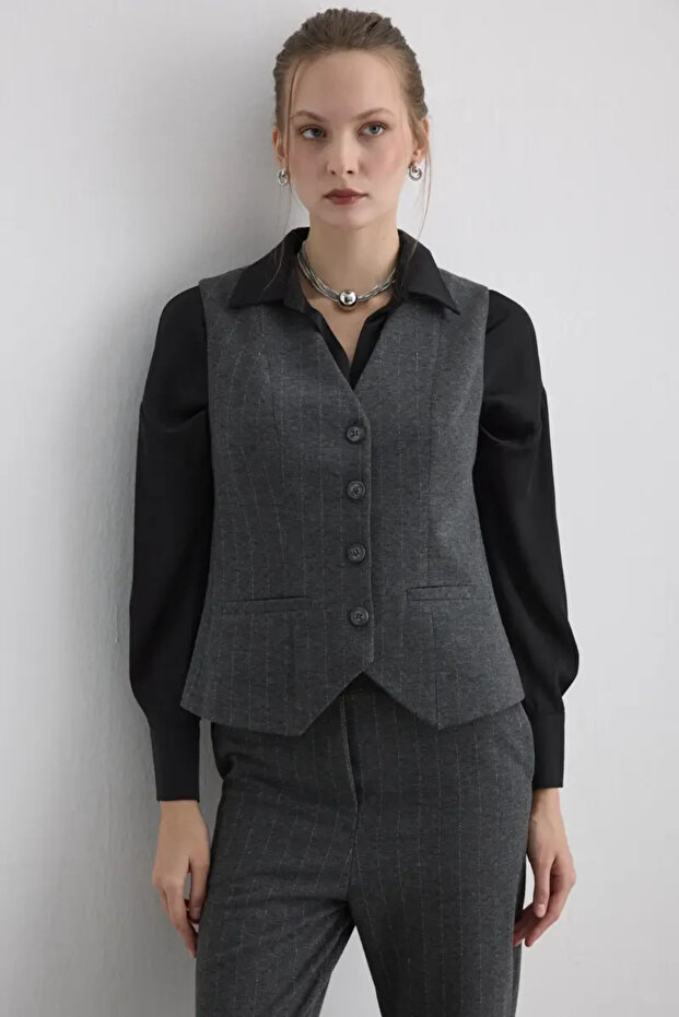 Simli Çizgili Örme Yelek - Gri - 1