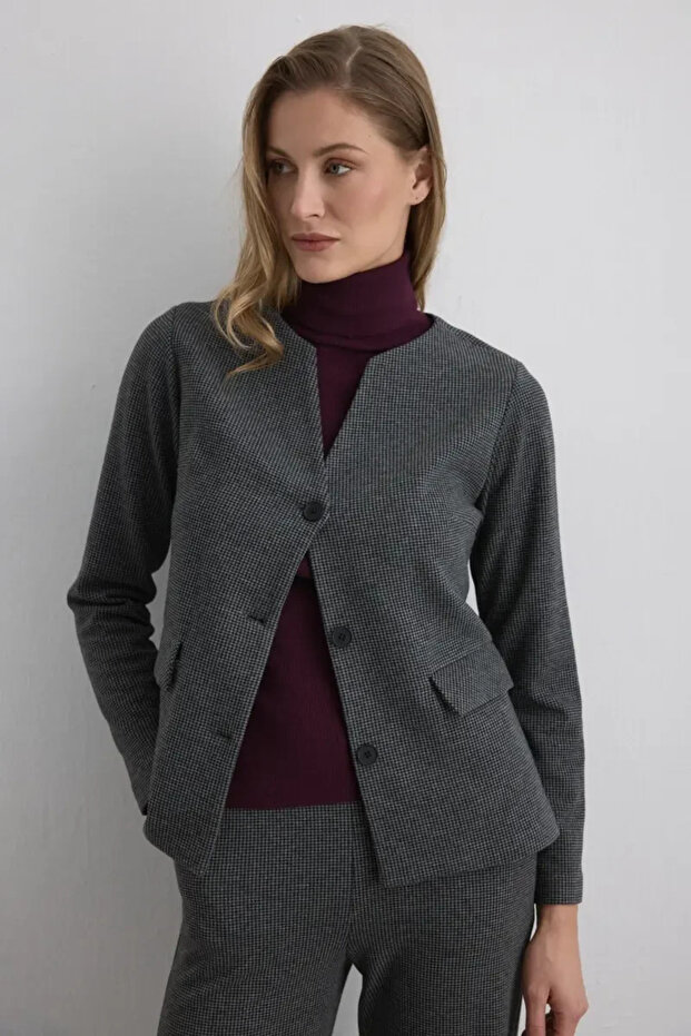 V-Neck Houndstooth Jacket - Gray - 3