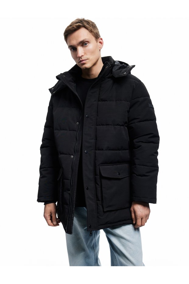 Hooded Puffer Jacket with Snap Button Closure and Flap Pocket Detail