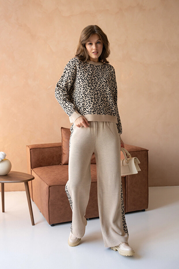 Women's Wide Collar Patterned Sweater Pants Two-Piece Knitwear Set