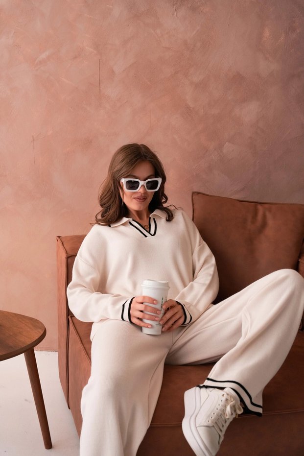 Women's Polo Neck Low Sleeve Sweater Pantolo Two-Piece Knitwear Set