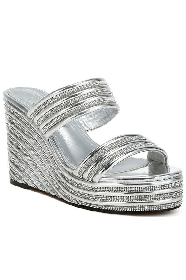 Women Metallic Faux Leather Wedge Sandals in Silver