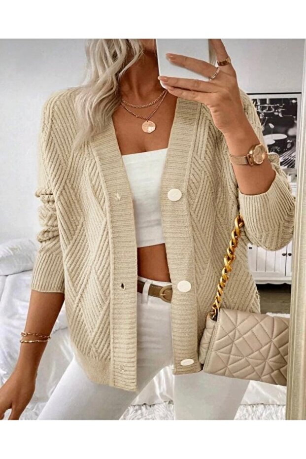 Buttoned Model Diamond Patterned Woven Detailed Long Sleeve Knitwear Cardigan