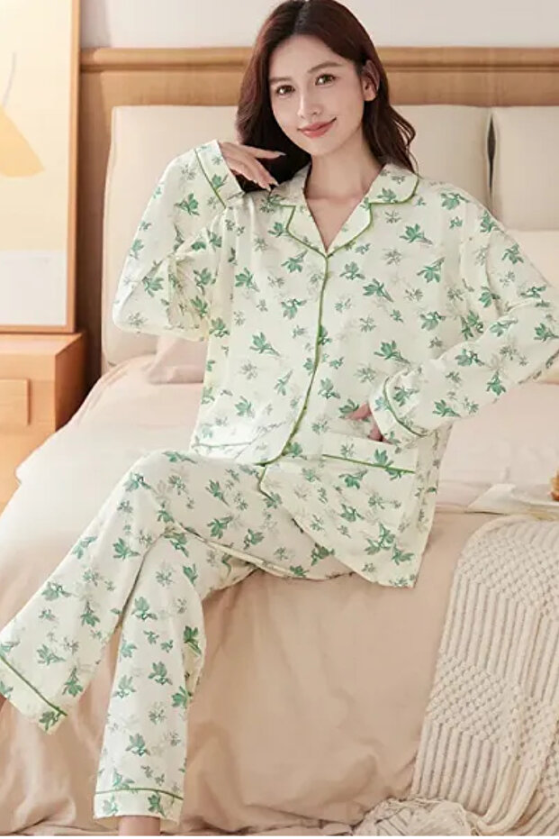 Floral Pattern Button-Up Top High Waist Bottom Lounge Sleepwear 2 Pcs Womens Pajama Set