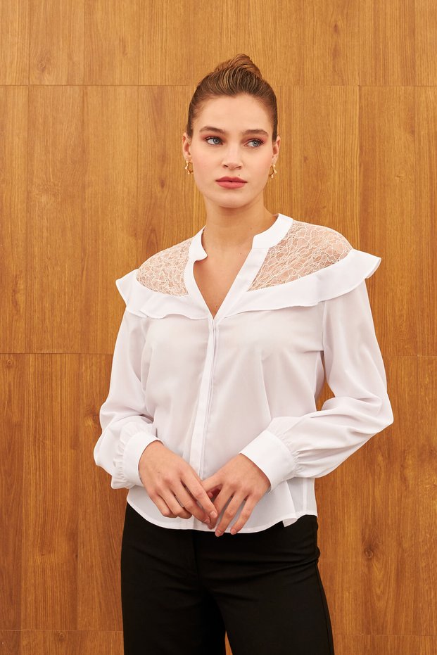White Lace Detailed Ruffled Shirt