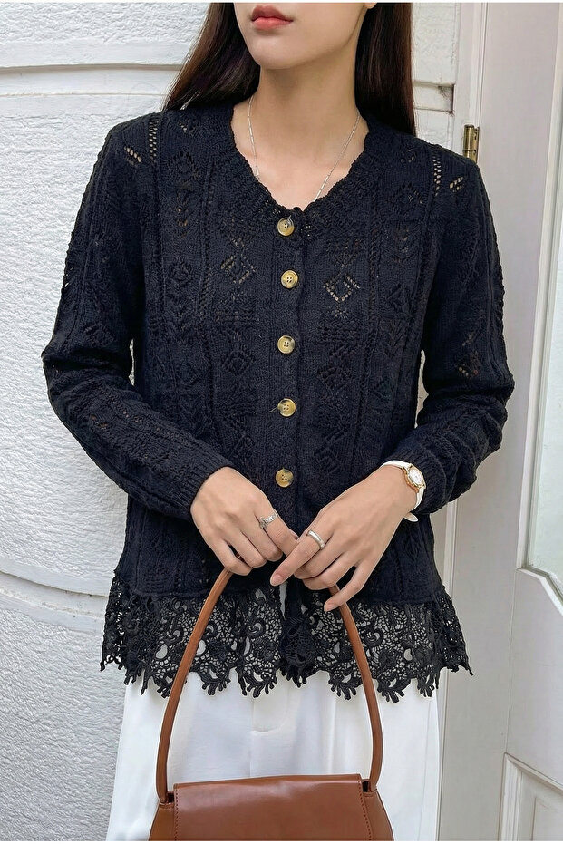 Women's Black Hem Lace Knitted Sweater Cardigan