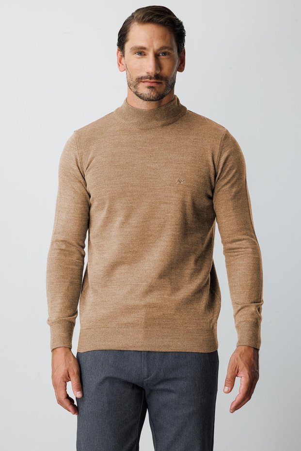 Beige Standard Fit Slim Fit Half Fisherman Straight Long Sleeve Knitwear