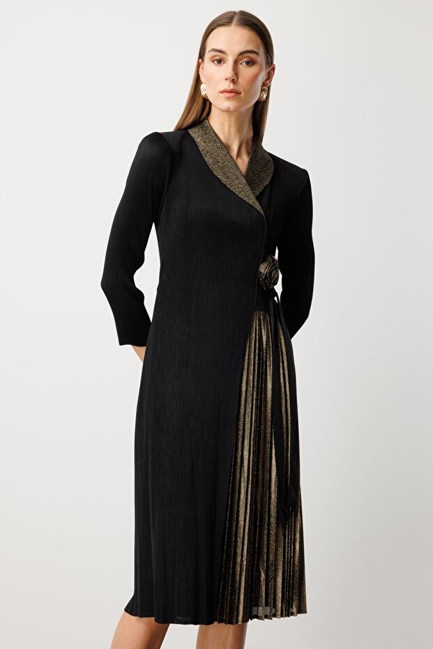 Gül Broşlu Simli Maxi Elbise - 4