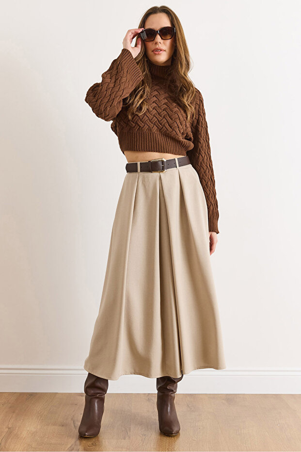 Women's Stone Belted Zippered Maxi Pleated Skirt Etk-19000377