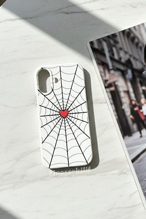 iPhone 16 Compatible Heart Spider Web Design Printed White Launch Case - 1