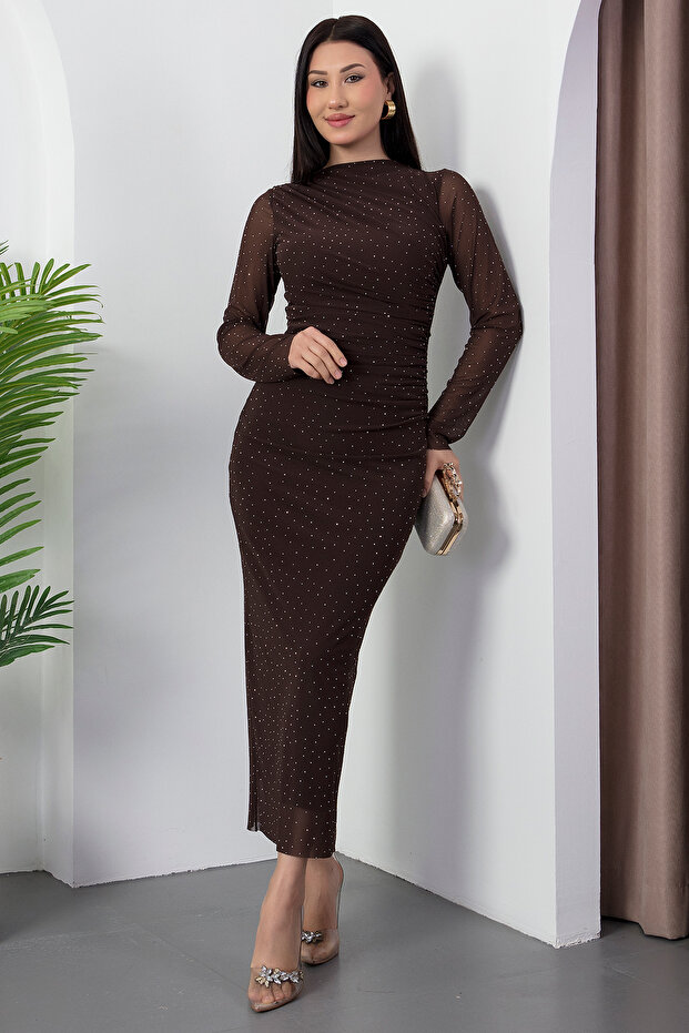 Bisiklet Yaka Drapeli Taşlı Tül Elbise DKS1330 - 4