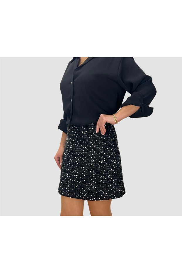 Tweed Fabric Black Mini Length Bell Model Lined Skirt