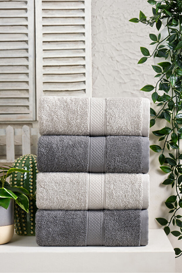 SoftTouch Hand 100% Cotton 4-Piece Hand & Face & Hair Towel Set Dowry Set | Anthracite - Gray