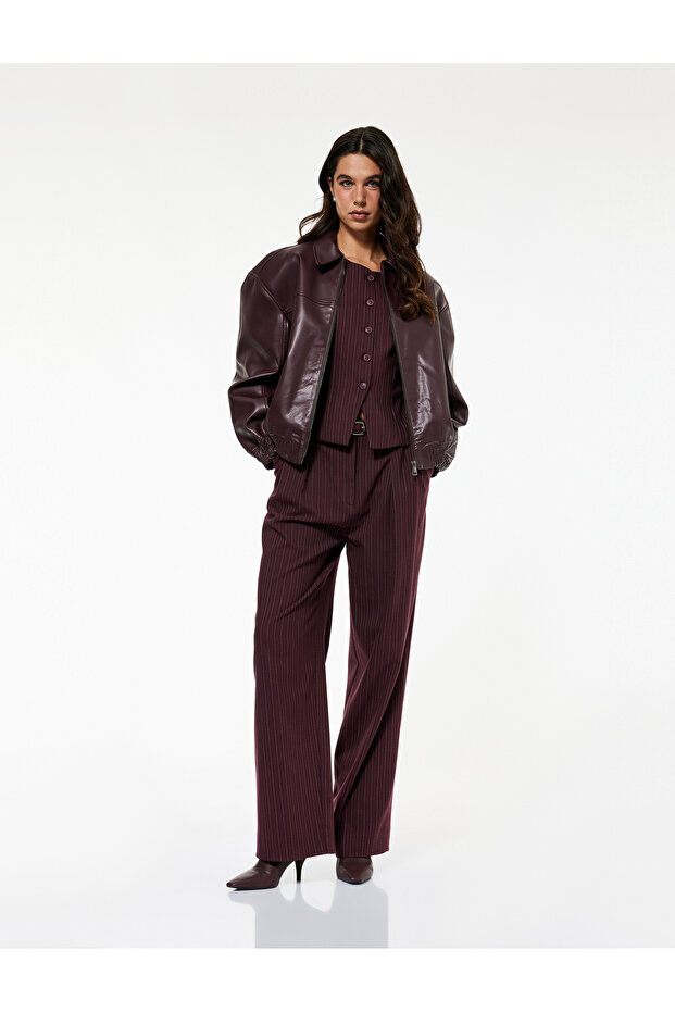 Zippered Long Sleeve Faux Leather Bomber Jacket with Pockets