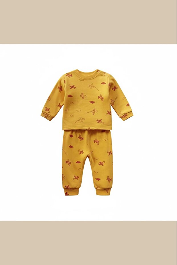 Children's Patterned Long Sleeve Pajama Set with Snap Buttons on the Shoulders
