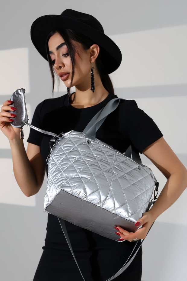Women's Gray Quilted Large Shoulder Crossbody Parachute Fabric Bag