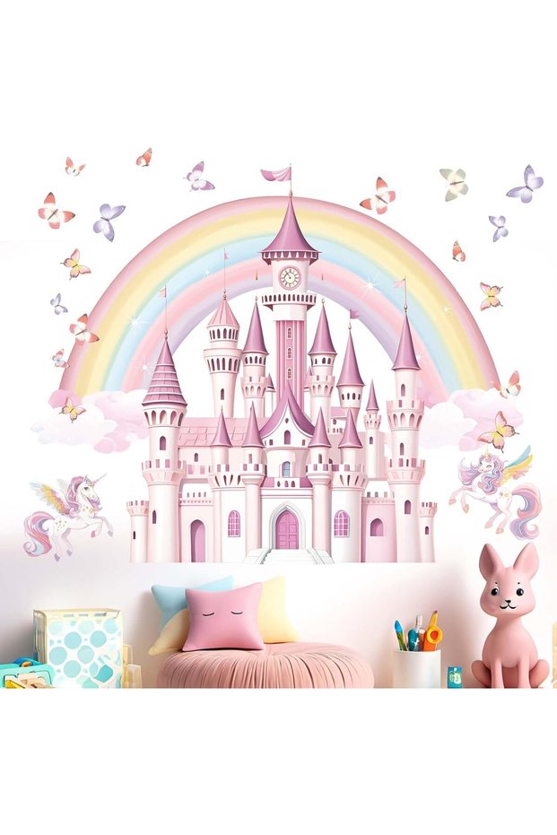 Rainbow Castle Wall Stickers for Girls - Peel and Stick Unicorn Fairy Tale Wall Decals