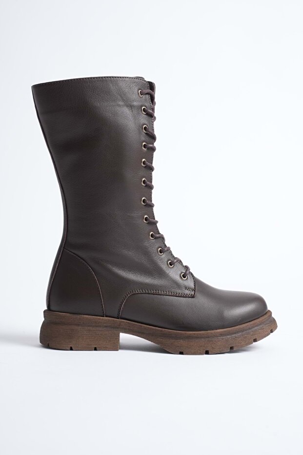 Women's genuine leather zippered lace-up combat boots - brown
