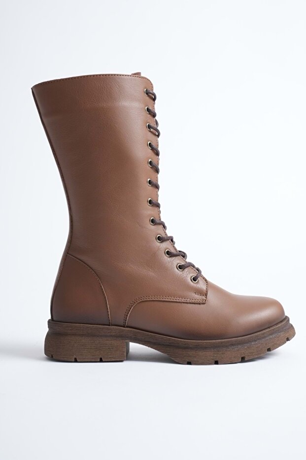 Women's genuine leather zippered lace-up combat boots - walnut