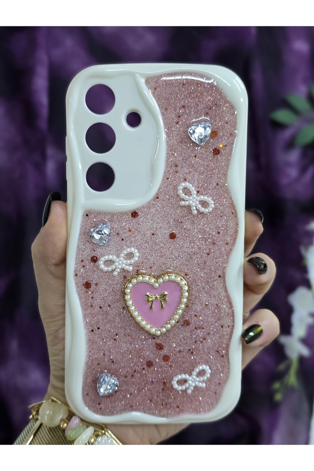 Samsung Galaxy S24 Plus Compatible Stylish Phone Case with Heart-Shaped Pink Glitter, Pearl and Ribbon Details