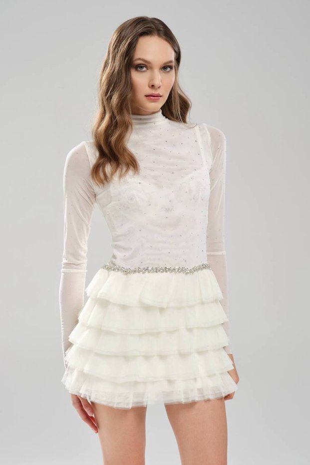 Women's Tulle with Stones Stretch Fabric Waist Part Hand Embroidered Design Mini Dress