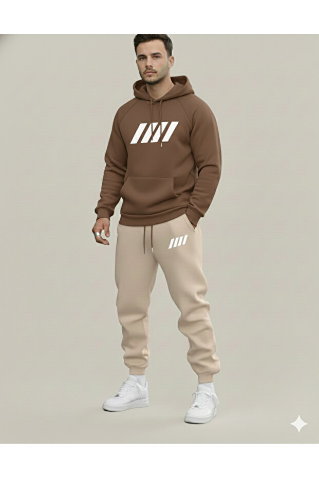 Three-Thread Compact Hooded Cotton-Lined Four-Striped Printed Premium Oversized Tracksuit Set