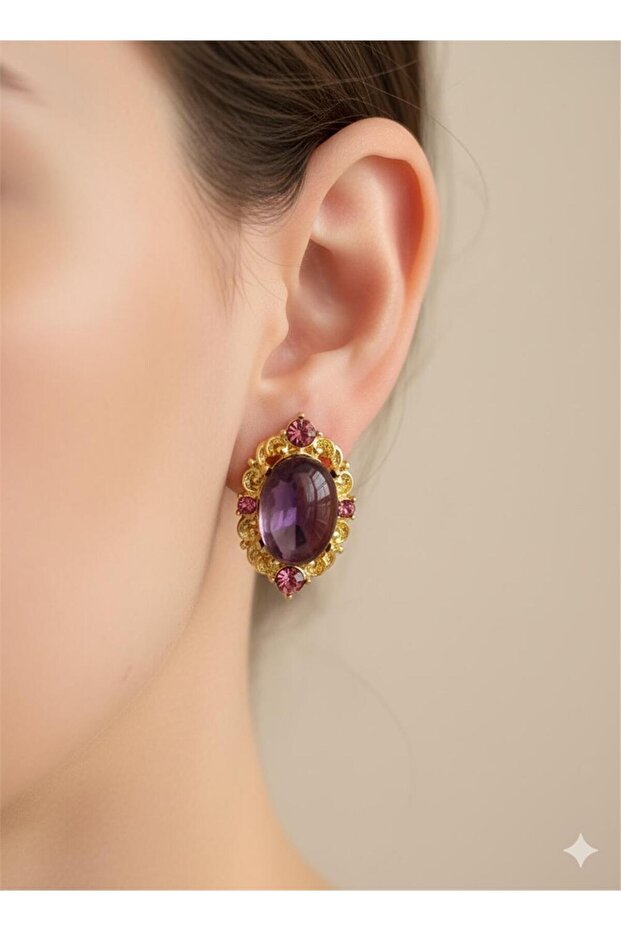 Purple Large Oval Stone Gold Baroque Vintage Earrings
