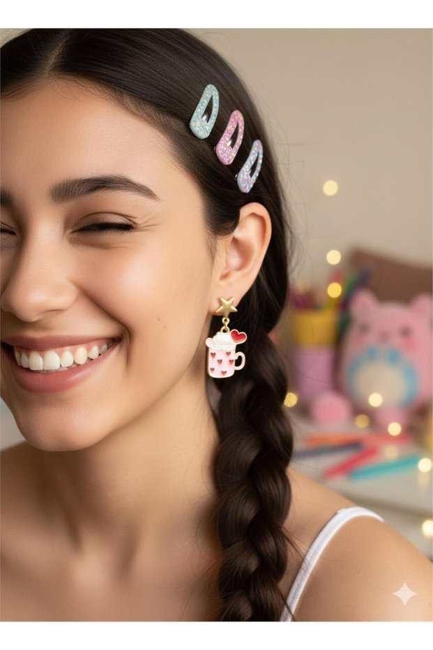 Pink Heart Cup Earrings with White Cat Figure and Star Detail