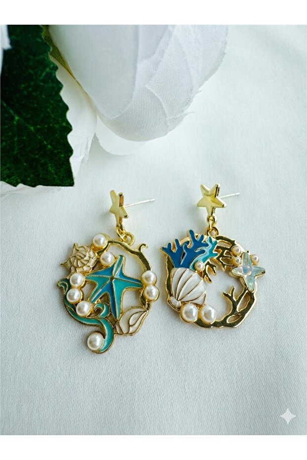 Gold Ocean Earrings with Pearl, Starfish and Coral Detail
