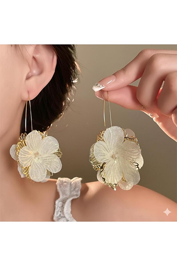 Cream White Tulle Detailed Large Flower Earrings