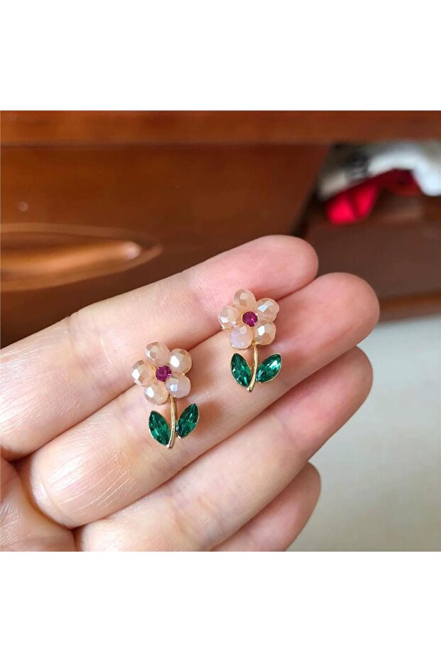 Powder Pink Beaded Flower and Green Leaf Earrings