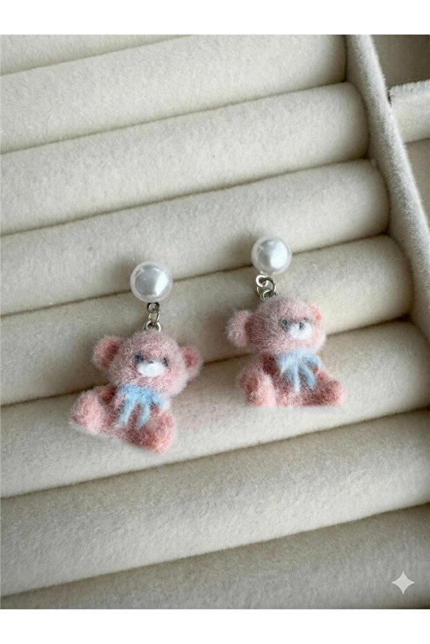 Pink Velvet Textured Teddy Bear and Pearl Detailed Earrings