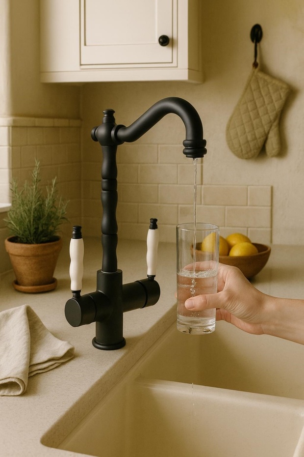Rustic Black Polished 3-Way Kitchen Sink Faucet with Brass Finish, Guaranteed Porcelain Handle Armature
