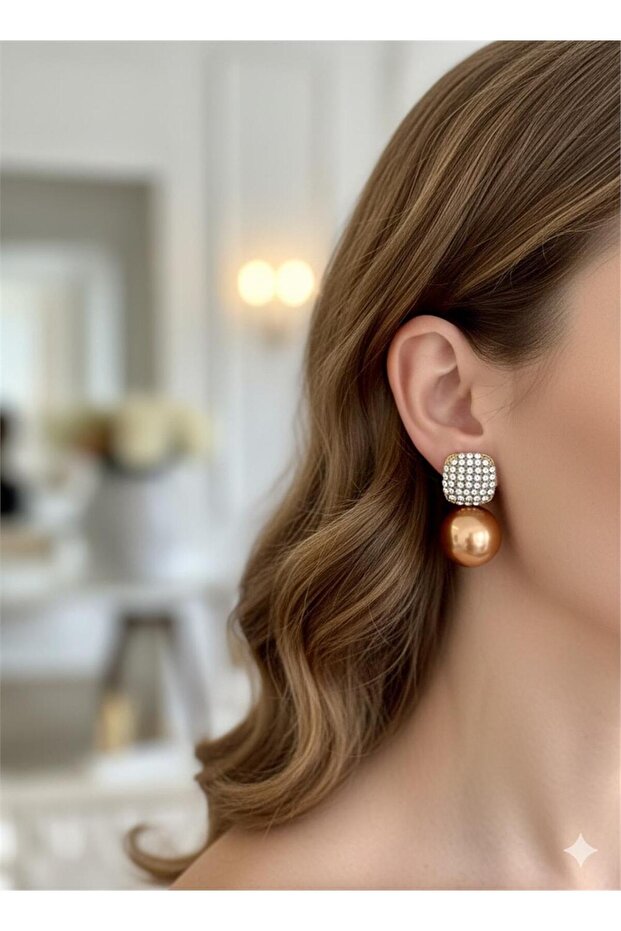 Bronze Gold Pearl and Square Stone Big Ball Earrings