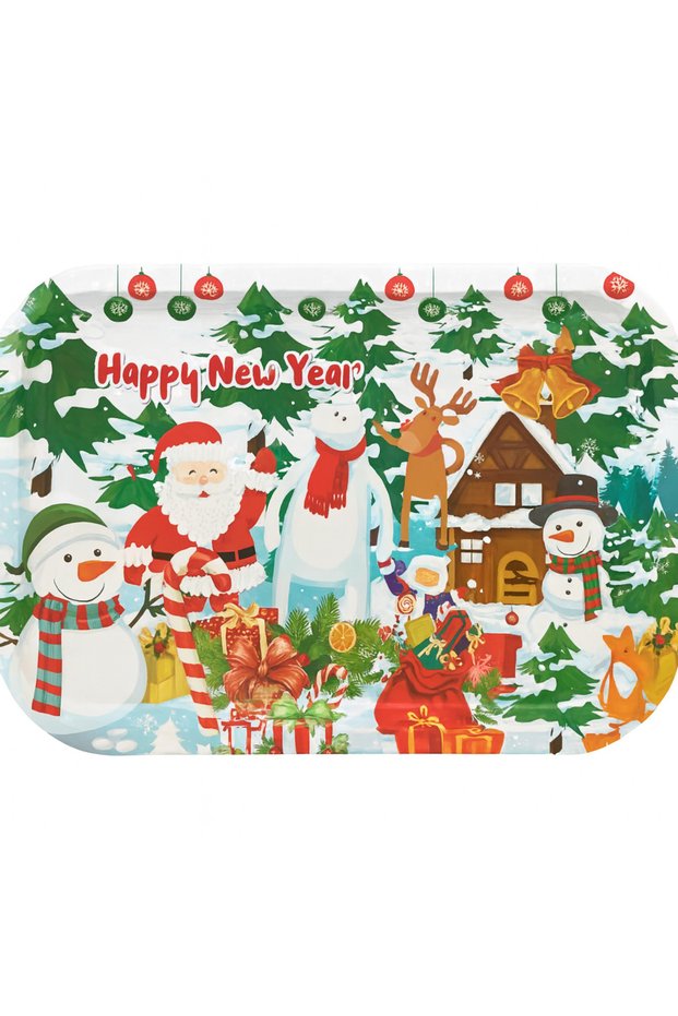 Happy New Year New Year's Themed Metal Presentation Tray – Decorative Serving Tray with Christmas Figures 35X20