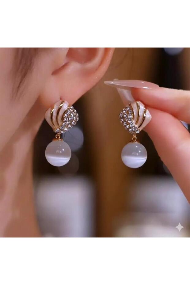 White Cat's Eye Stone Gold Striped Evening Dress Earrings