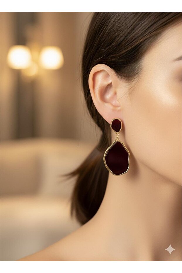 Burgundy Red Enamel and Gold Framed Asymmetric Earrings