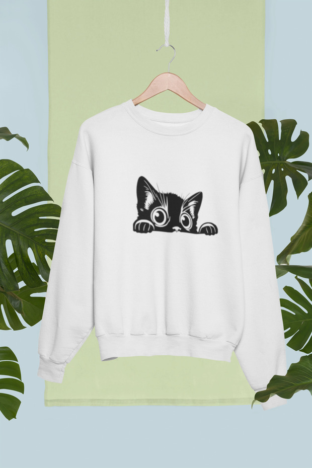 سويت شيرت قطني مطبوع عليه قطة بأكمام طويلة مبطن بالصوف ISEX SWEATSHIRT