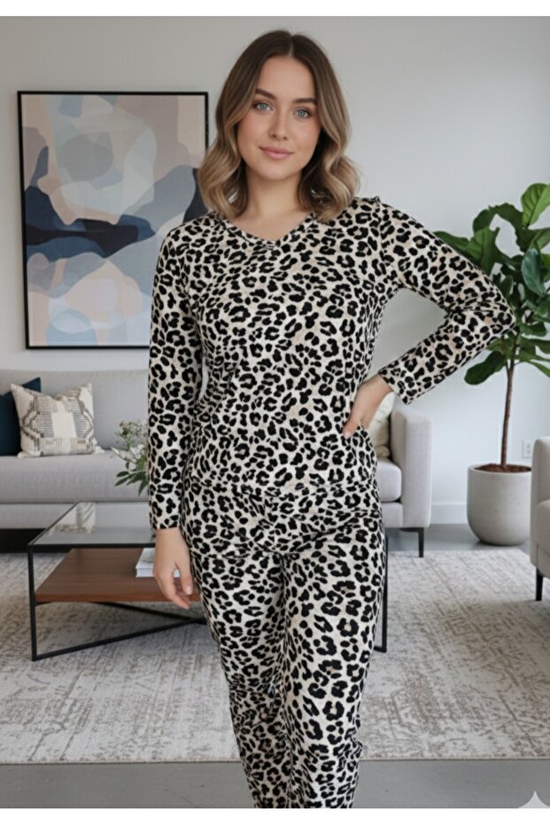 Viscose Knitted Printed Long-Sleeve V-Neck Trousers Sleepwear Setj