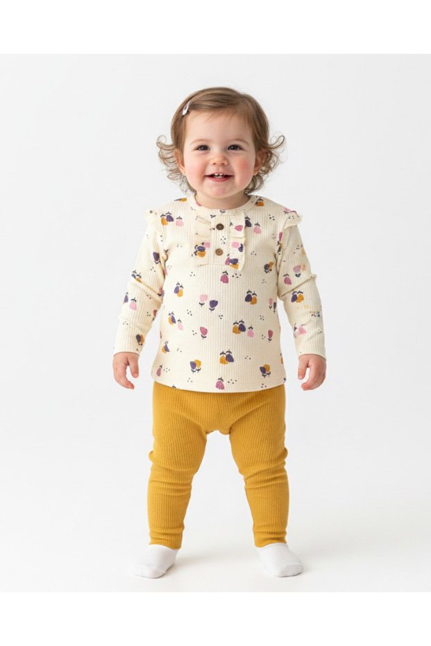 Baby Girl Lale Printed Ribbed Fabric, Corded Fabric Stylish Leggings Bottom and Top Baby Set L 6-24 Months L Transitional