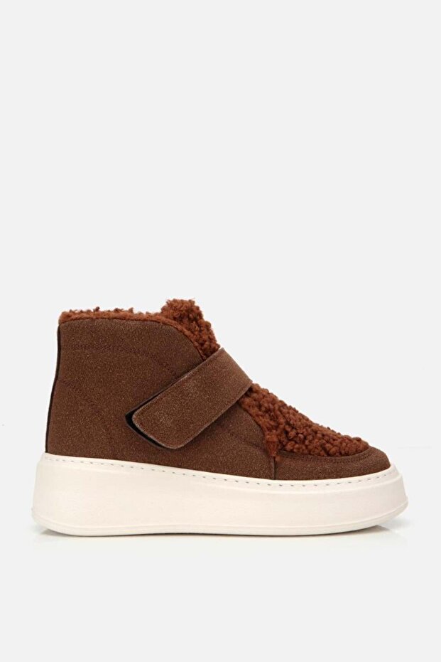 Women's Brown Fur Lined Velcro High-Top Boots
