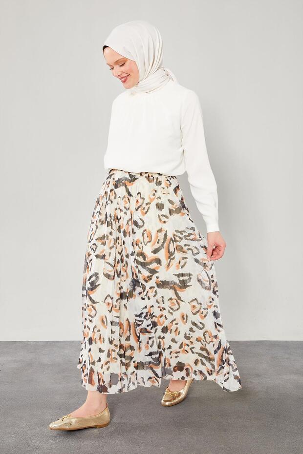 Camel Leopard Patterned Pleated Skirt - 3