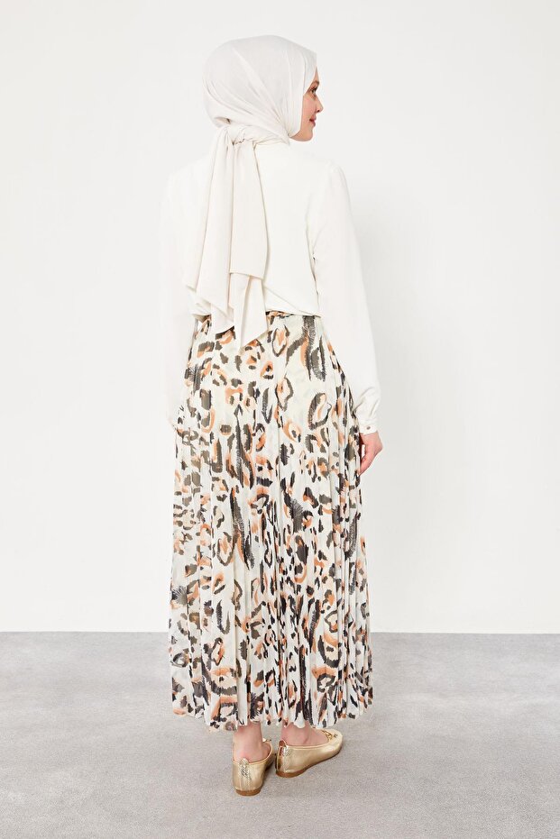 Camel Leopard Patterned Pleated Skirt - 4