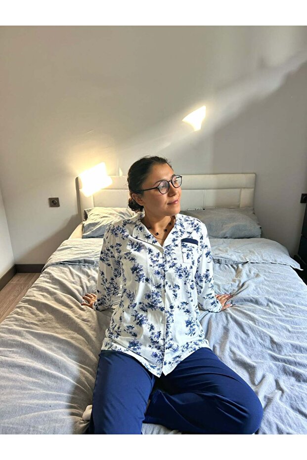 طقم بيجامة قطنية بنفسجية بأزرار أمامية - 1