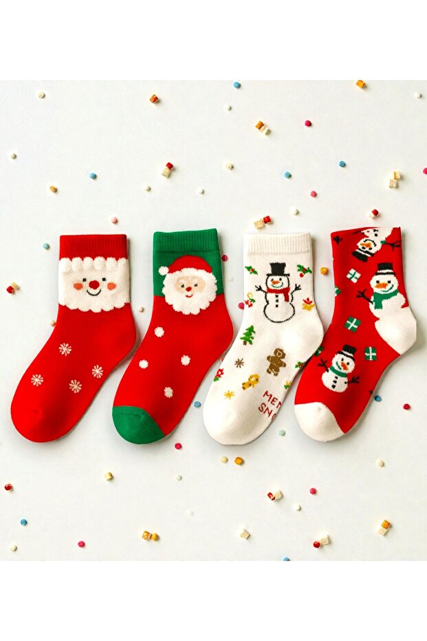 31-34 Children's Christmas Socks Unisex Santa Claus Patterned Socks with Deer 4 Pairs