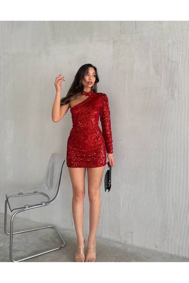 Tek Kol Omzu Açık Pul Payet Mini Yılbaşı Elbisesi - 1