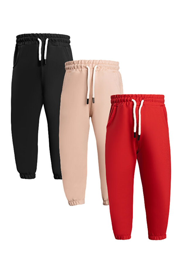 Boys/Girls 3-Piece Jogger Sweatpants with Elasticated Cuffs Black Red Beige