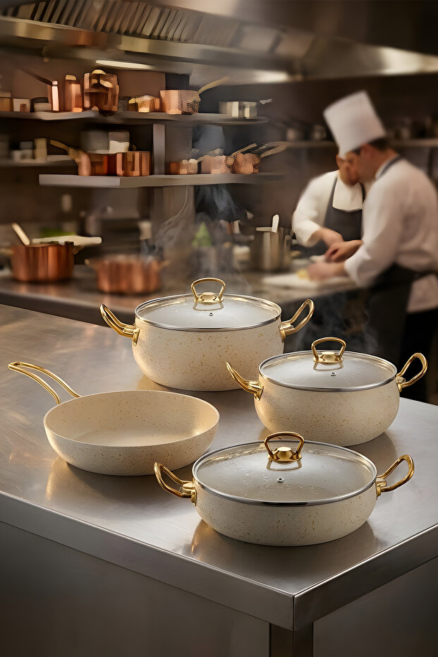 7-Piece Leon Granite Pot and Pan Set – 20 cm 2.5L, 24 cm 4.5L, 26 cm Shallow 3L, 26 cm Pan